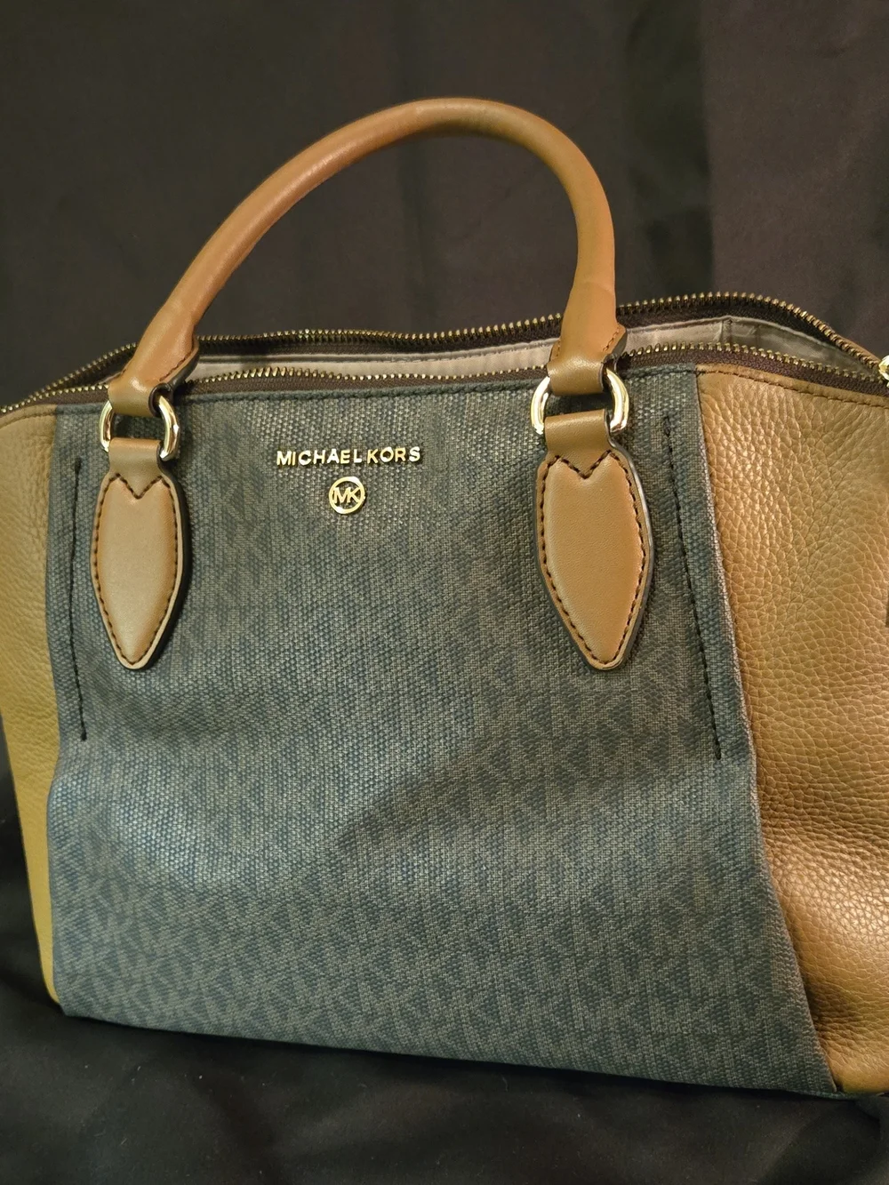 Michael Kors Tan and Black Signature Satchel with Gold Hardware